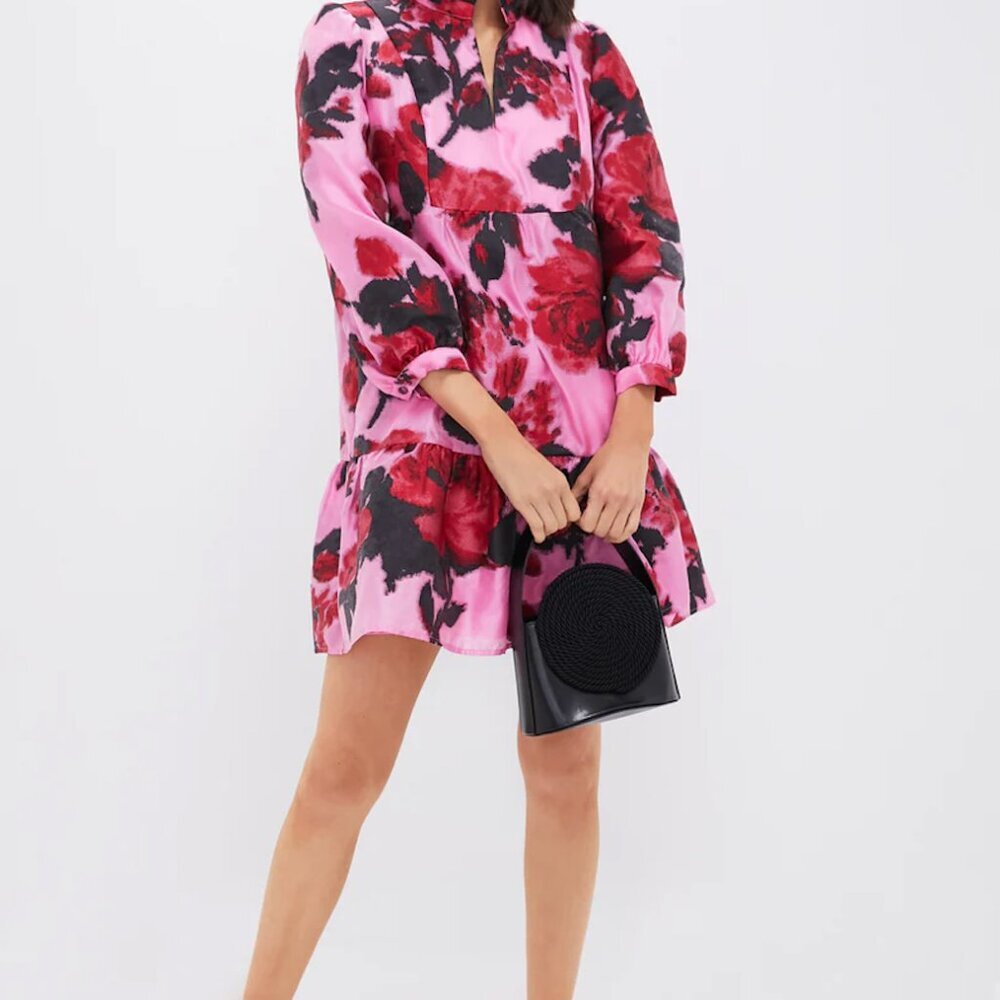Tuckernuck Pink Floral Tiered Mini Dress with Red and Black Accents